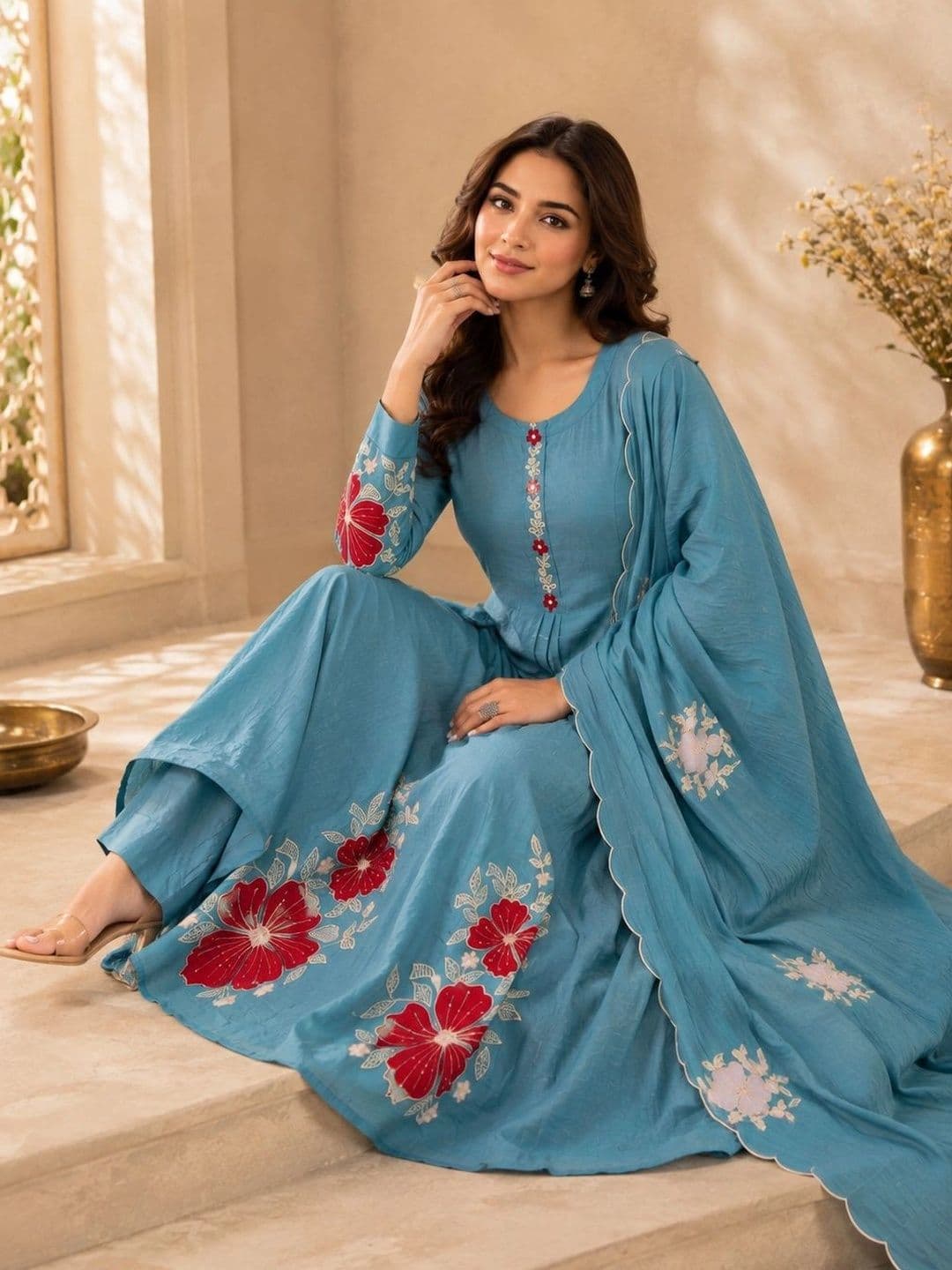 Sangria Women Floral Embroidered Regular Thread Work Kurta with Trousers & With Dupatta thumbnail 3