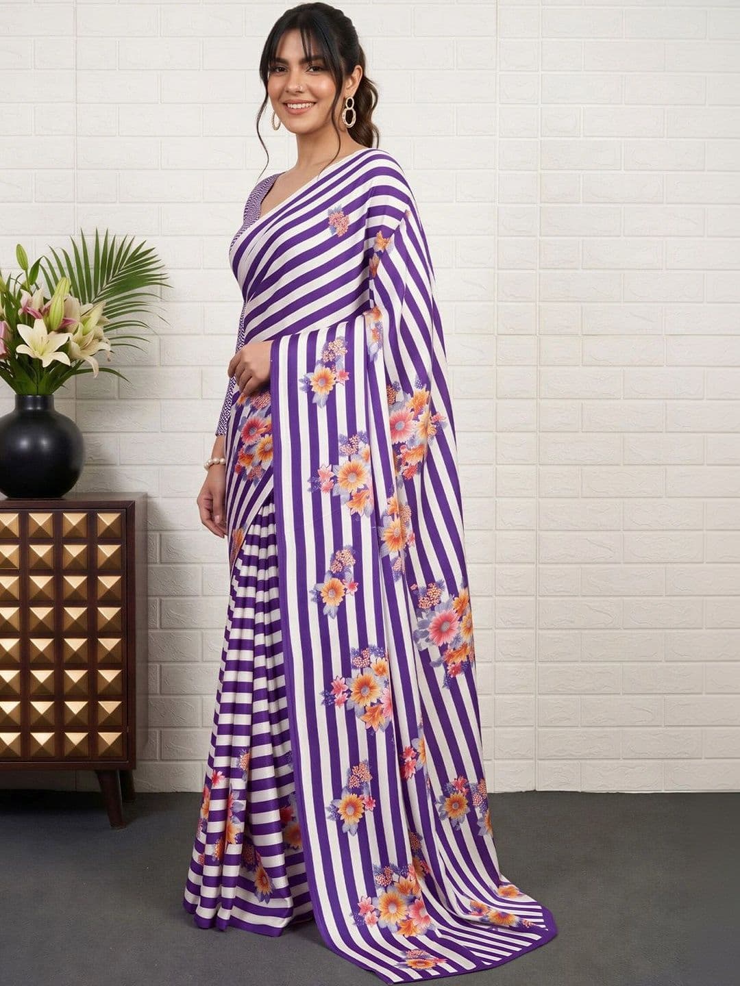 Anouk Floral Satin Designer Leheriya Saree thumbnail 5