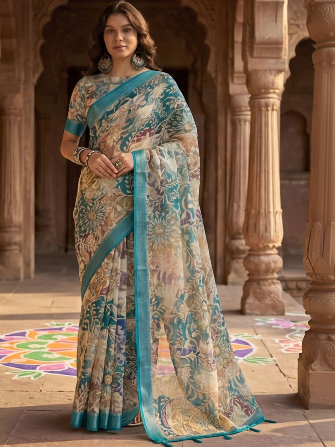 Anouk Rustic Floral Zari Pure Linen Designer Khadi Saree thumbnail 6