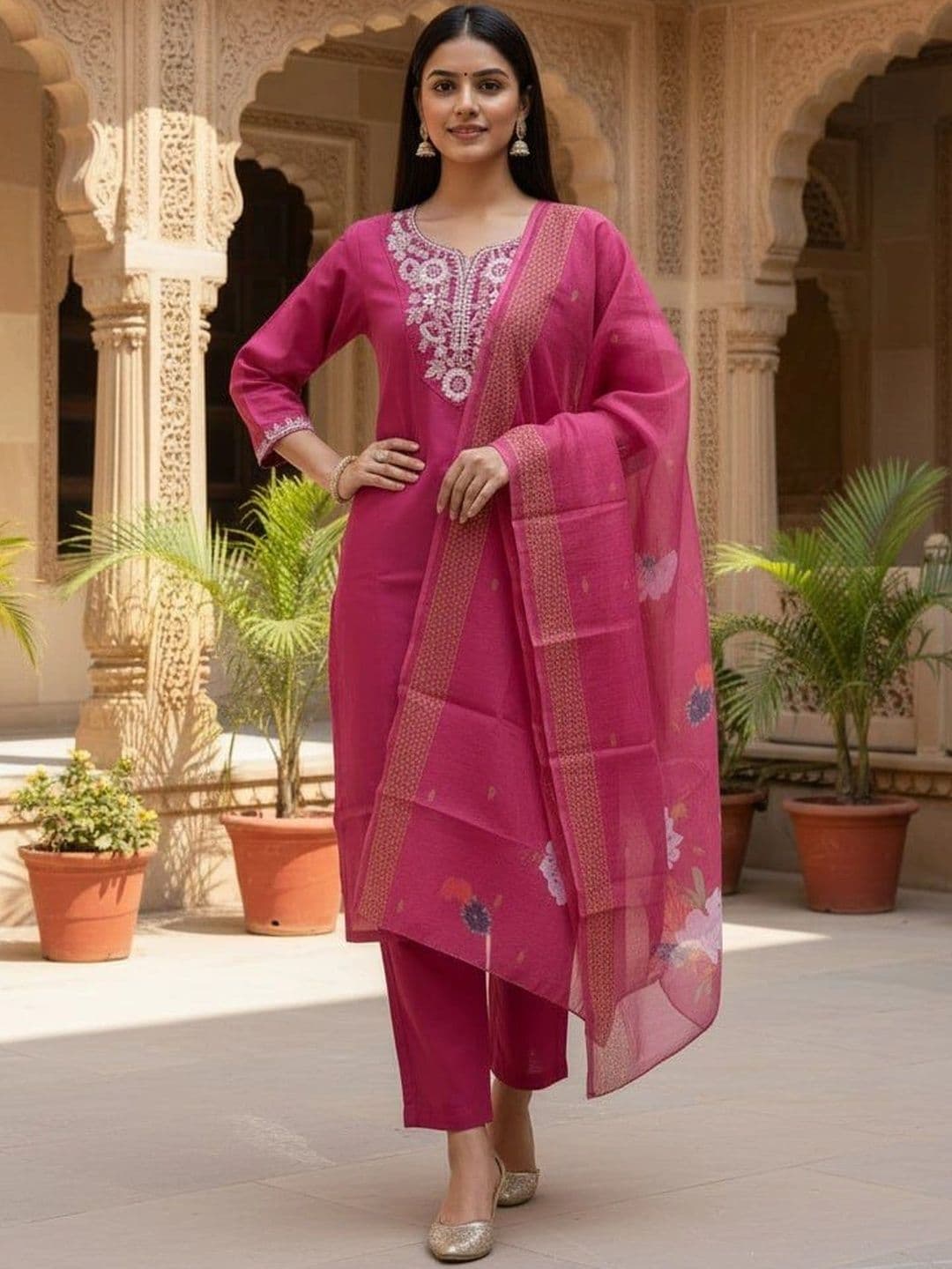 Komurr Women Ethnic Motifs Embroidered Regular Thread Work Kurta with Trousers & With Dupatta - view 1