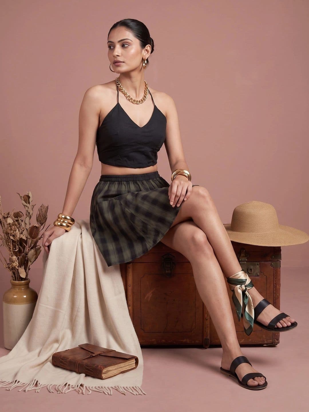 Hive91 Women Pure Cotton Checked Mini Flared Skirt thumbnail 5