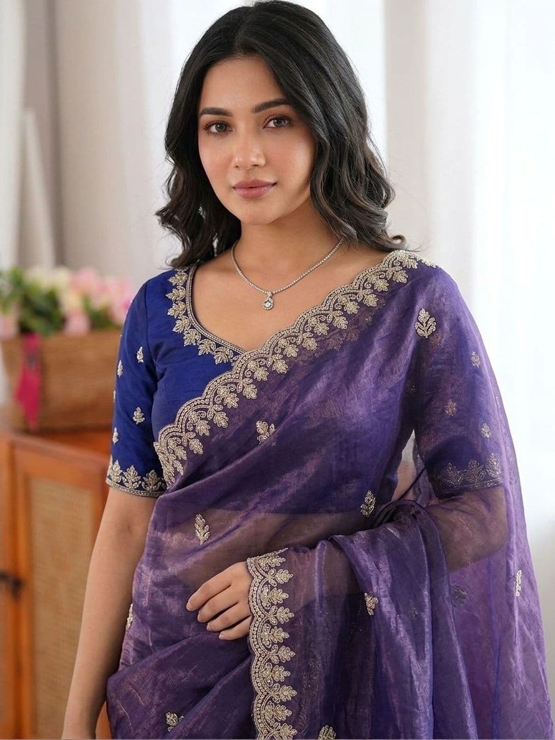 Sangria Ethnic Motifs Embroidered Pure Georgette Saree thumbnail 5