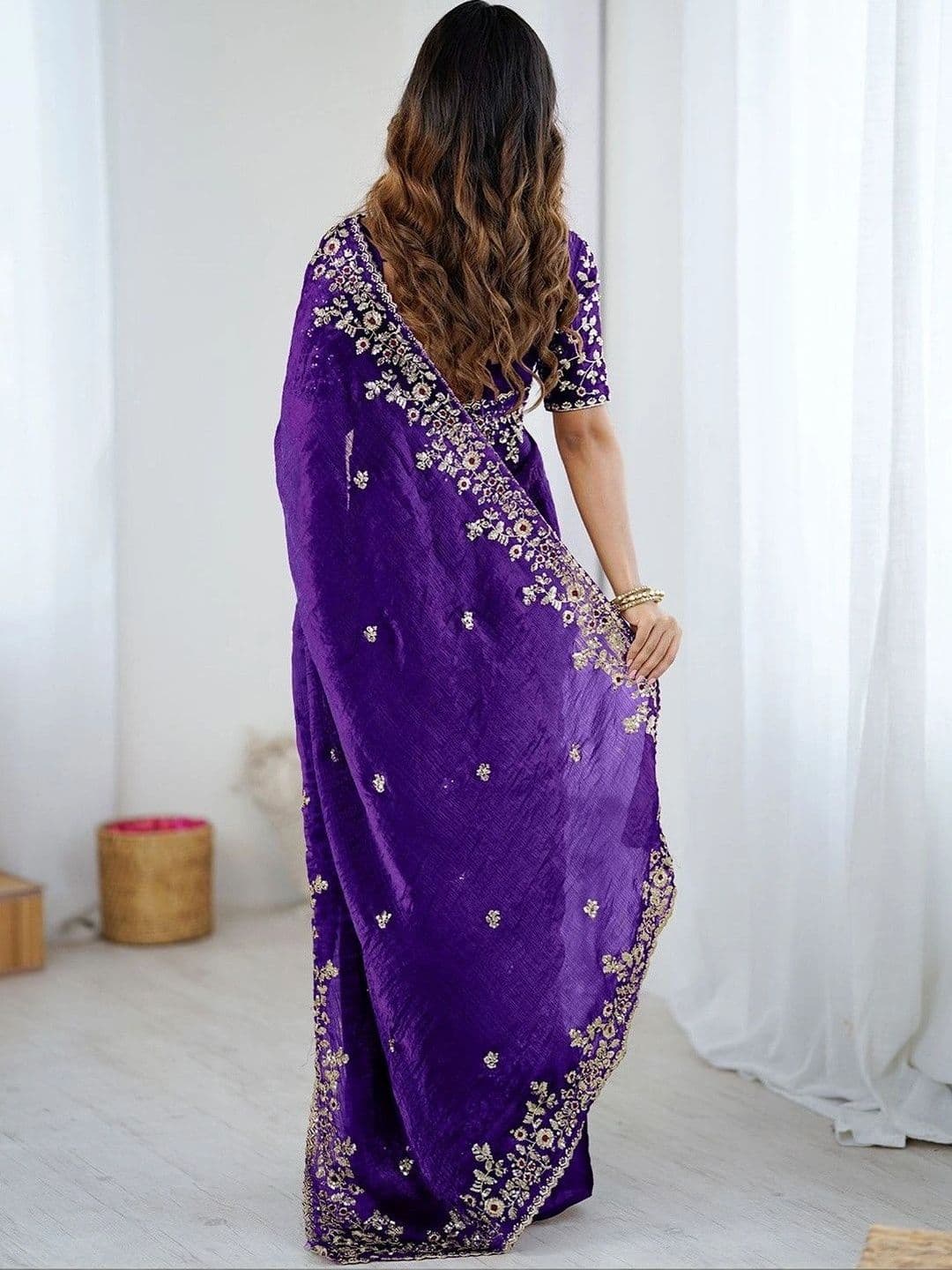 Jogmaya Fashion Embellished Embroidered Silk Blend Heavy Work Saree thumbnail 4