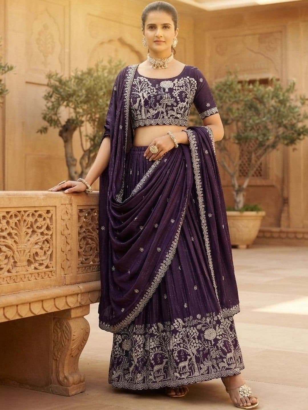 all about you Embroidered Thread Work Semi-Stitched Lehenga & Blouse With Dupatta thumbnail 3