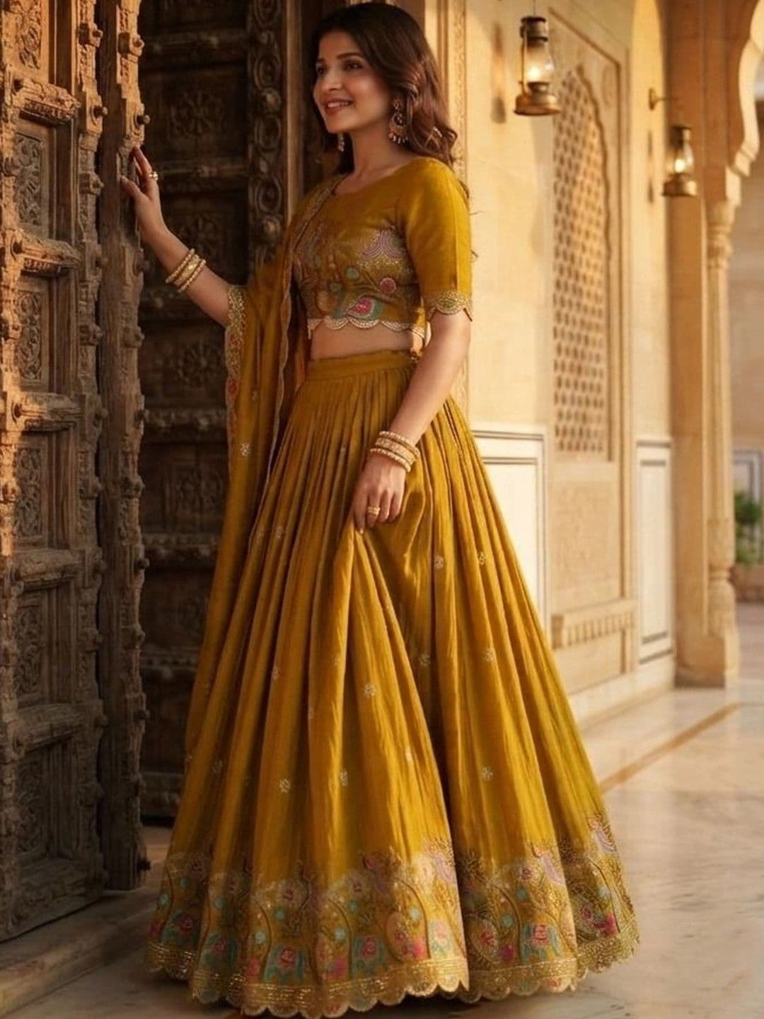 HERE&NOW  women Embroidered Thread Work Semi-Stitched Lehenga & Blouse With Dupatta thumbnail 4