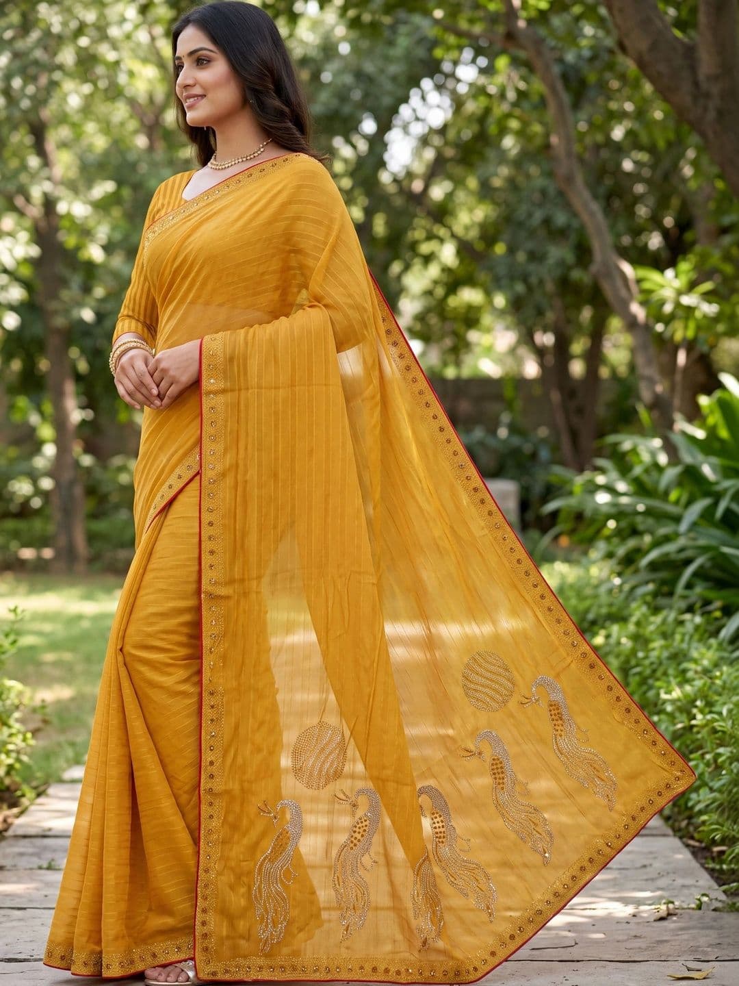 Jaipur Vogue Striped Poly Georgette Saree thumbnail 5