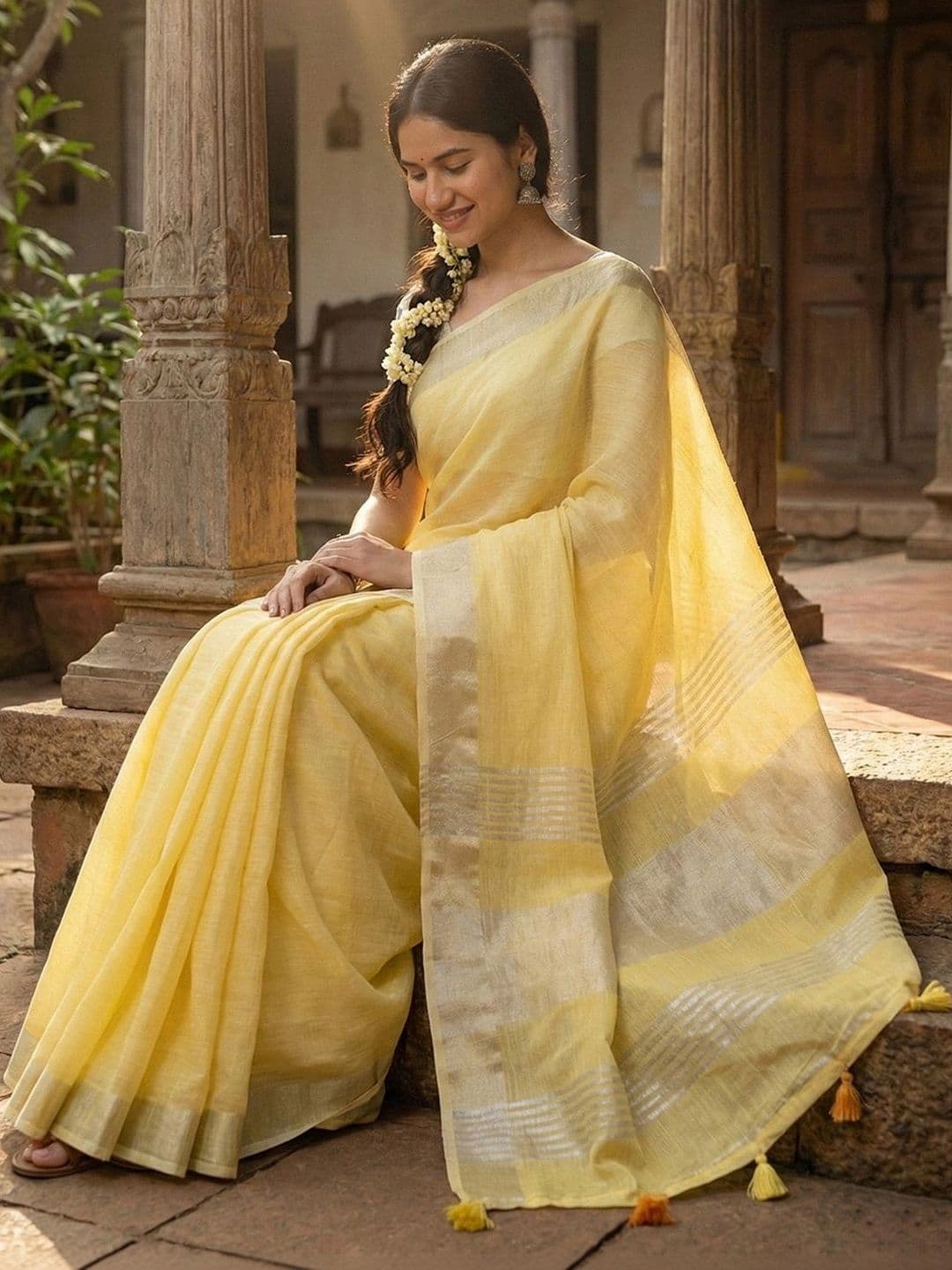 Mitera Striped Linen Blend Saree thumbnail 4