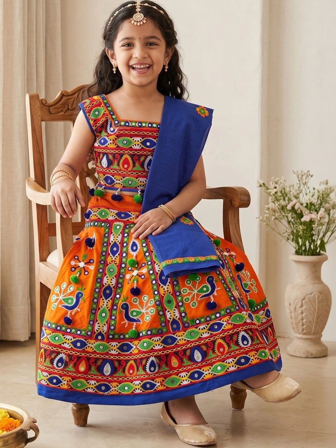 ahhaaaa Girls Embroidered Mirror Work Ready to Wear Lehenga & Blouse With Dupatta thumbnail 6