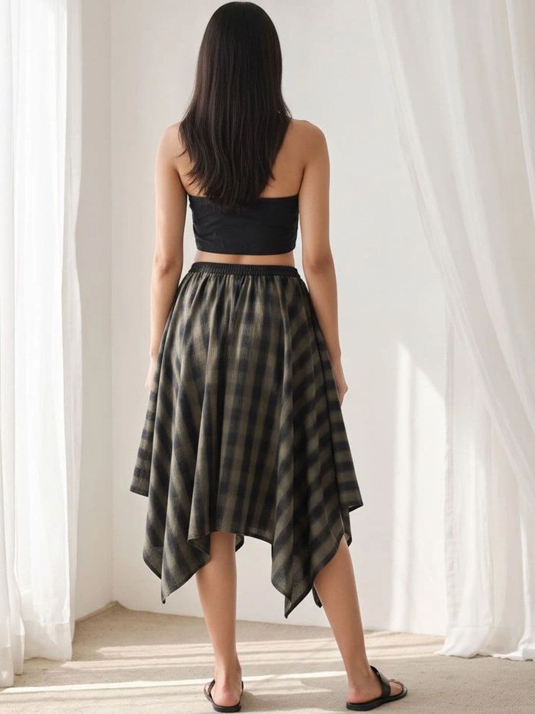 Hive91 Women Pure Cotton Checked Midi Flared Skirt thumbnail 5