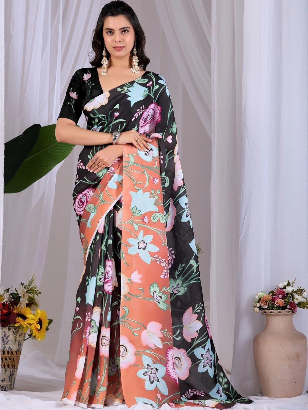 Moda Rapido Floral Satin Designer Saree - view 1