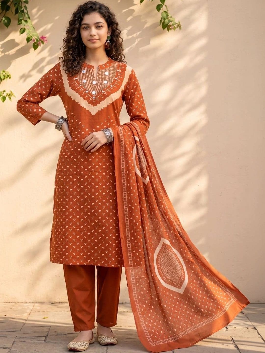 JANAKDULARI CREATION Women Ethnic Motifs Regular Mirror Work Pure Cotton Kurta Trousers thumbnail 4