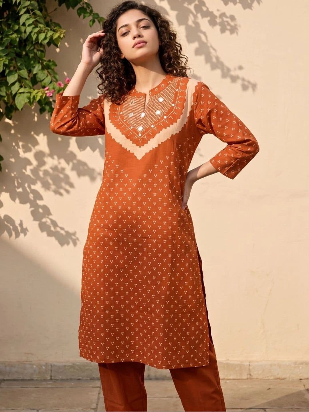 JANAKDULARI CREATION Women Ethnic Motifs Regular Mirror Work Pure Cotton Kurta Trousers thumbnail 2