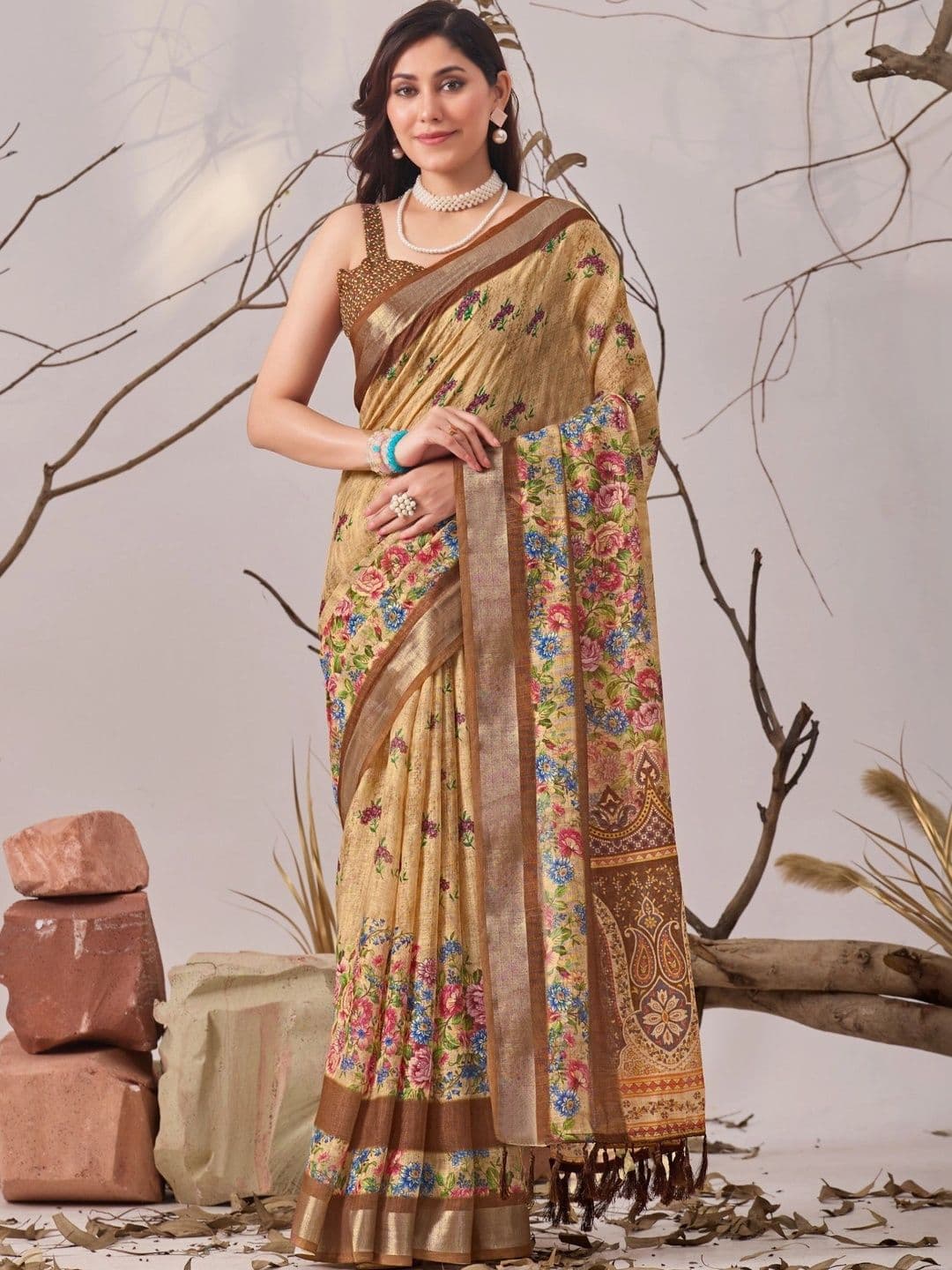 Moda Rapido Floral Linen Blend Designer Saree - view 1