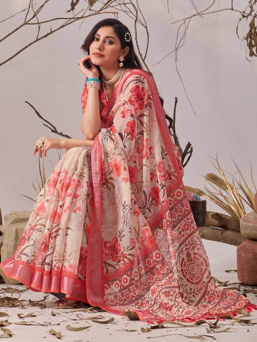 Moda Rapido Floral Linen Blend Fusion Saree thumbnail 5