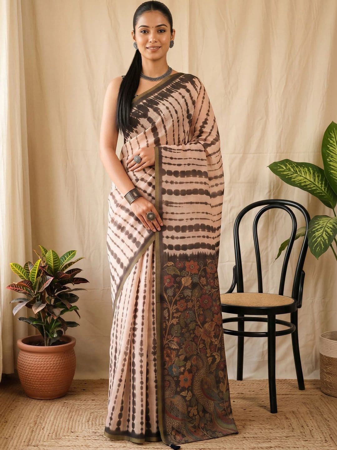 Sangria Tie and Dye Fusion Block Print Saree - view 1