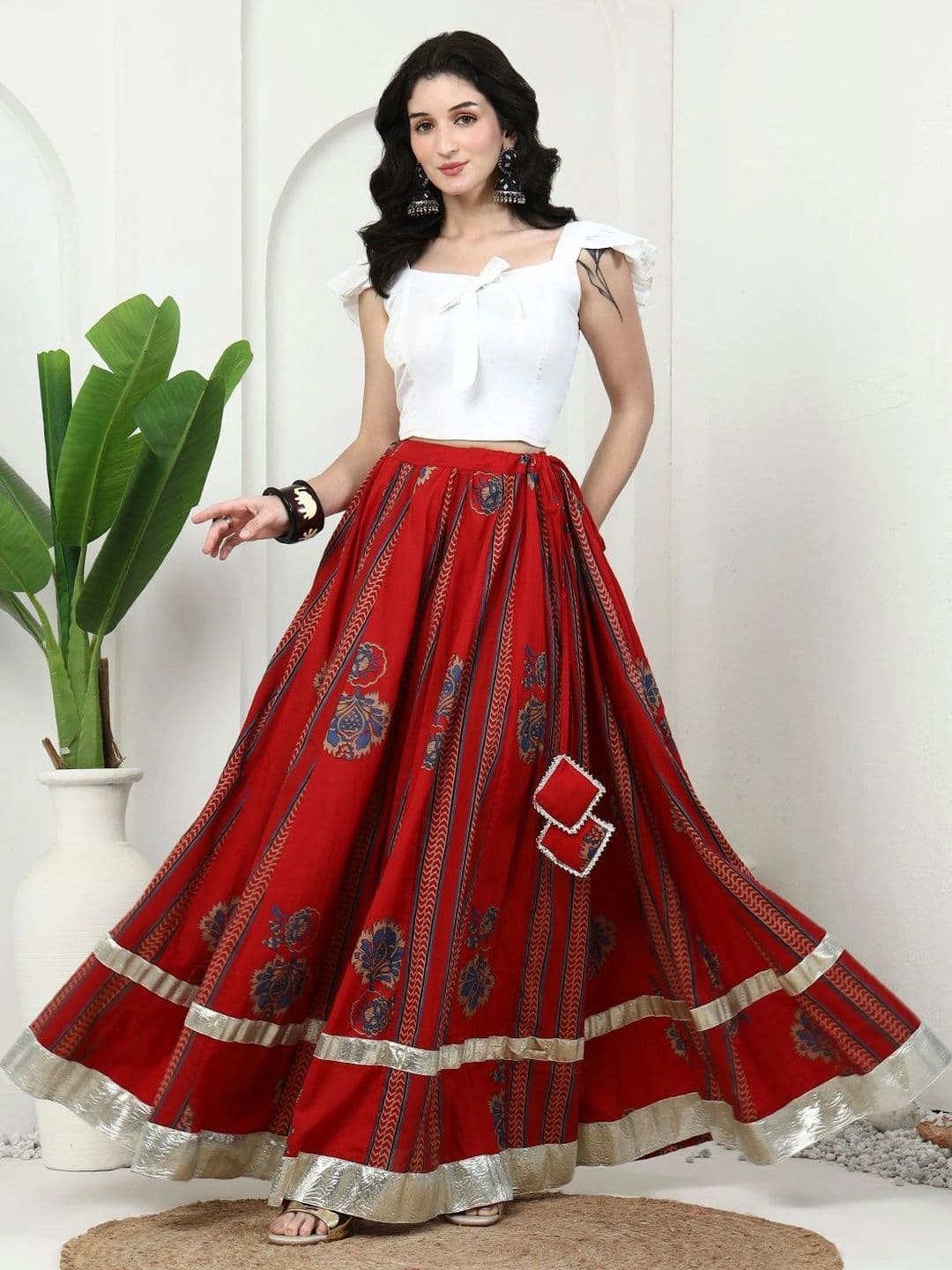 KALINI Women Cotton Cambric Floral Maxi Flared Skirt thumbnail 7