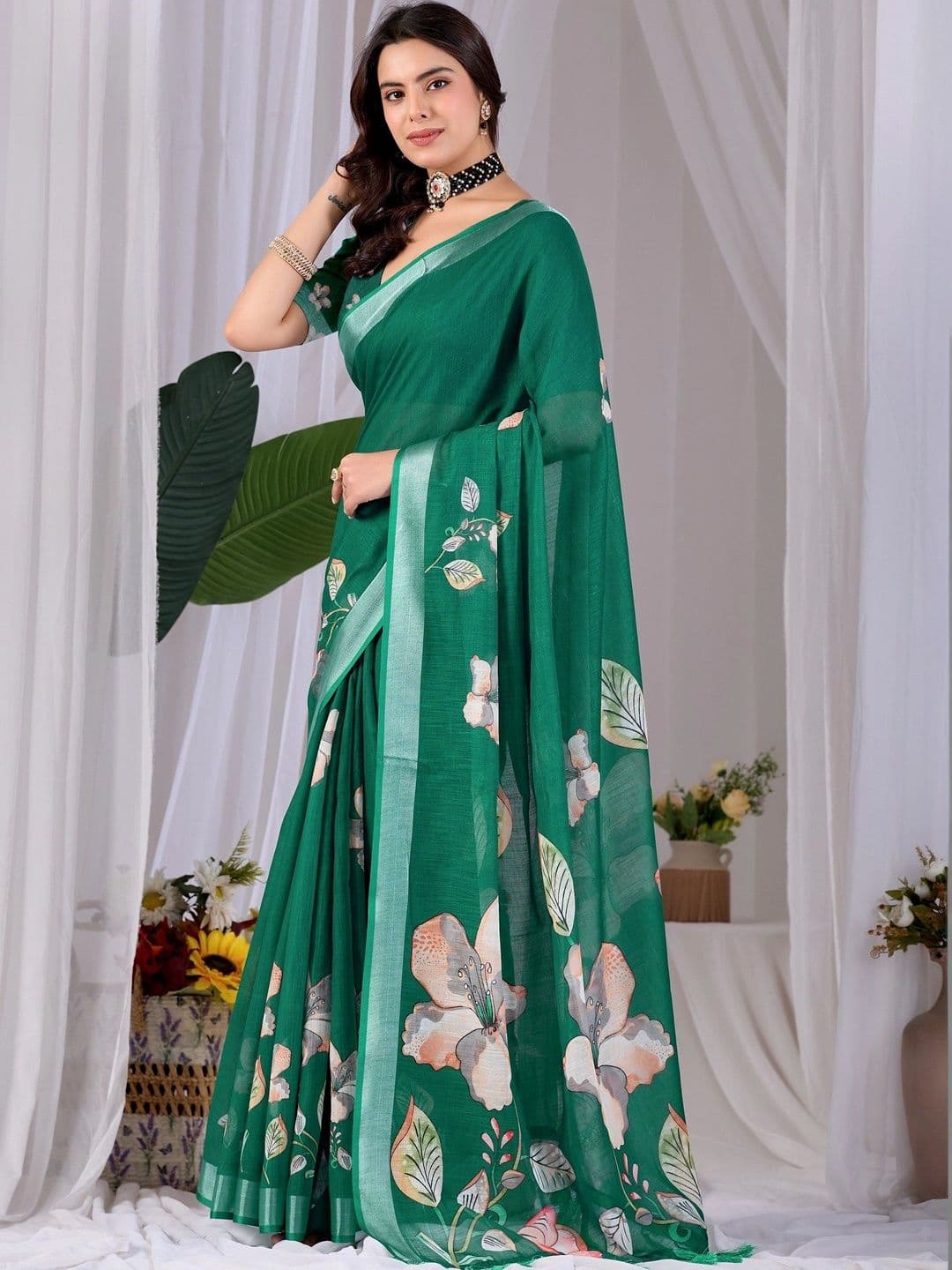 Moda Rapido Floral Zari Linen Blend Designer Saree thumbnail 6