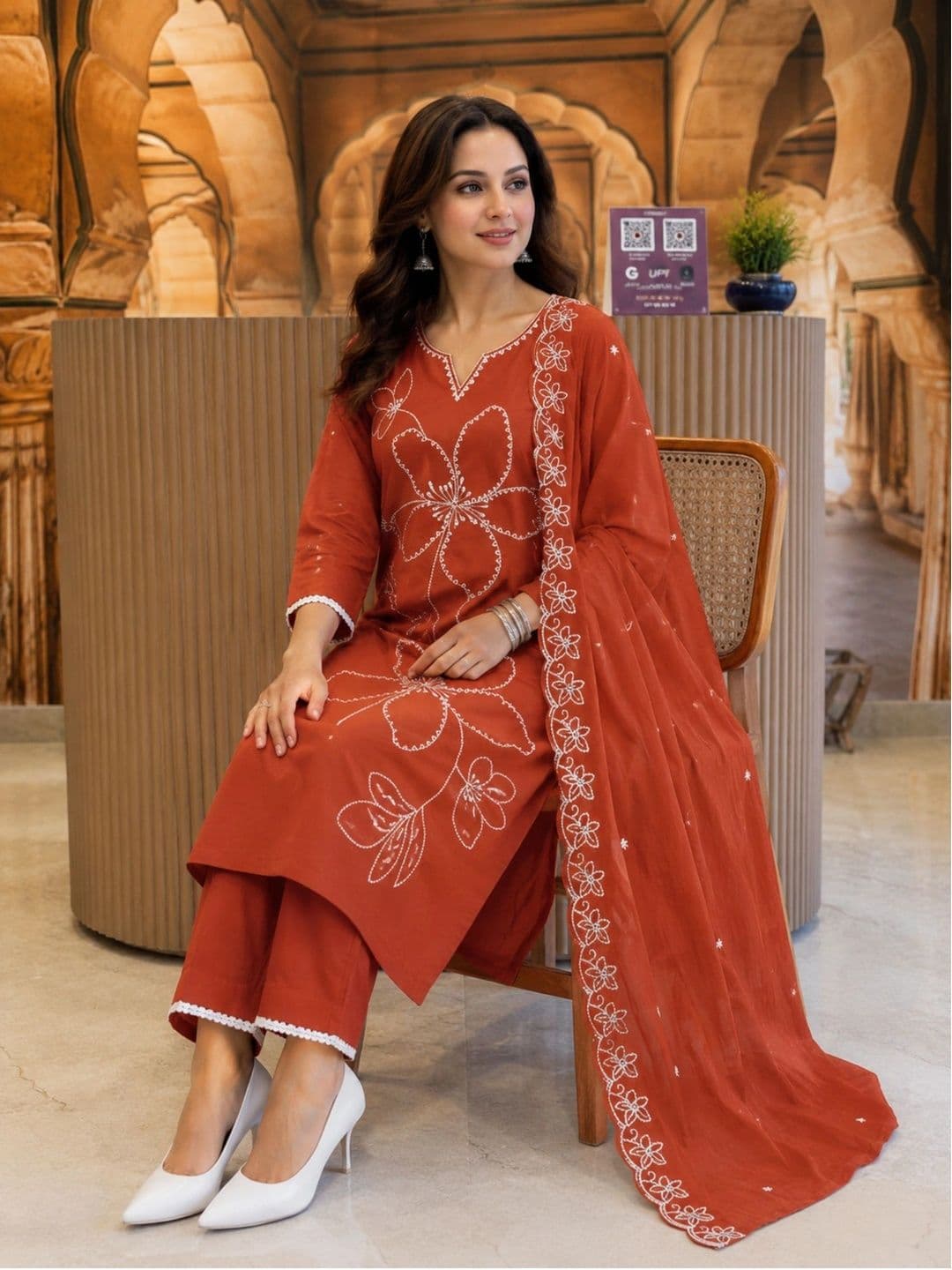 J MOGAL Women Ethnic Motifs Embroidered Regular Thread Work Kurta with Trousers & With Dupatta thumbnail 2