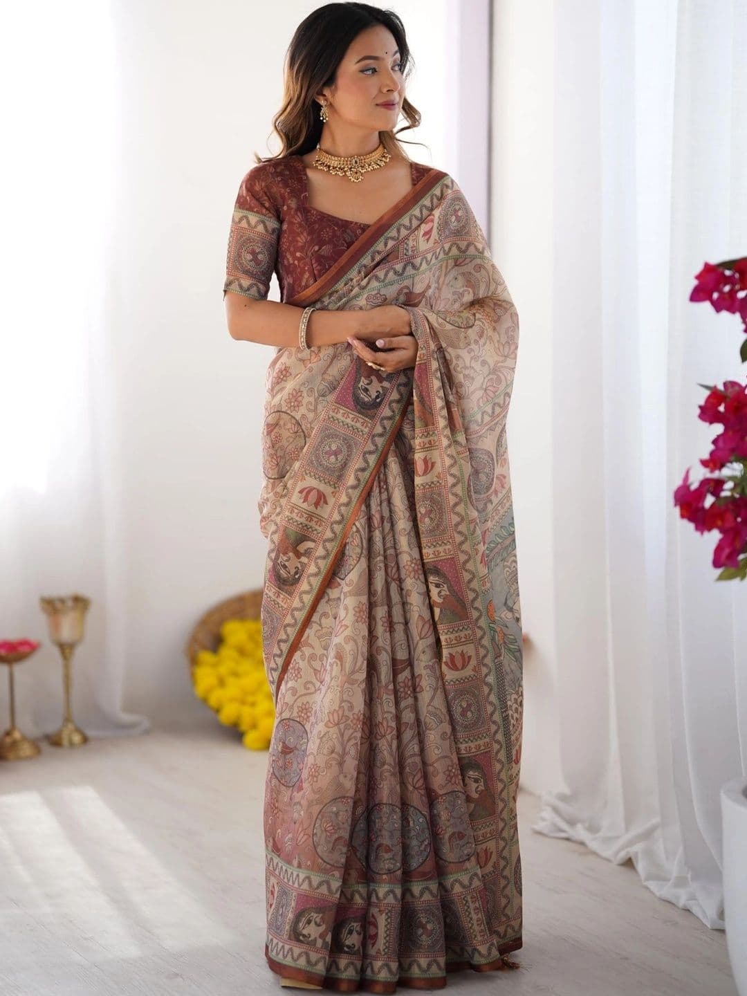 HOUSE OF PRANSHI  Women Kalamkari Linen Blend Jamdani Saree thumbnail 2
