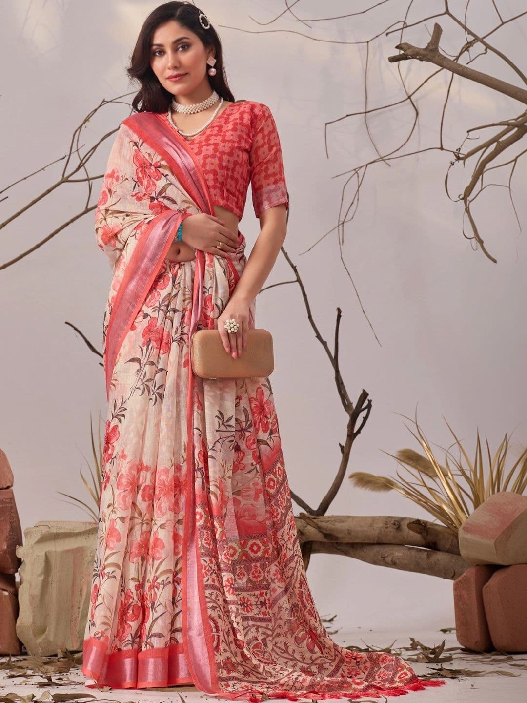 Moda Rapido Floral Linen Blend Fusion Saree thumbnail 2