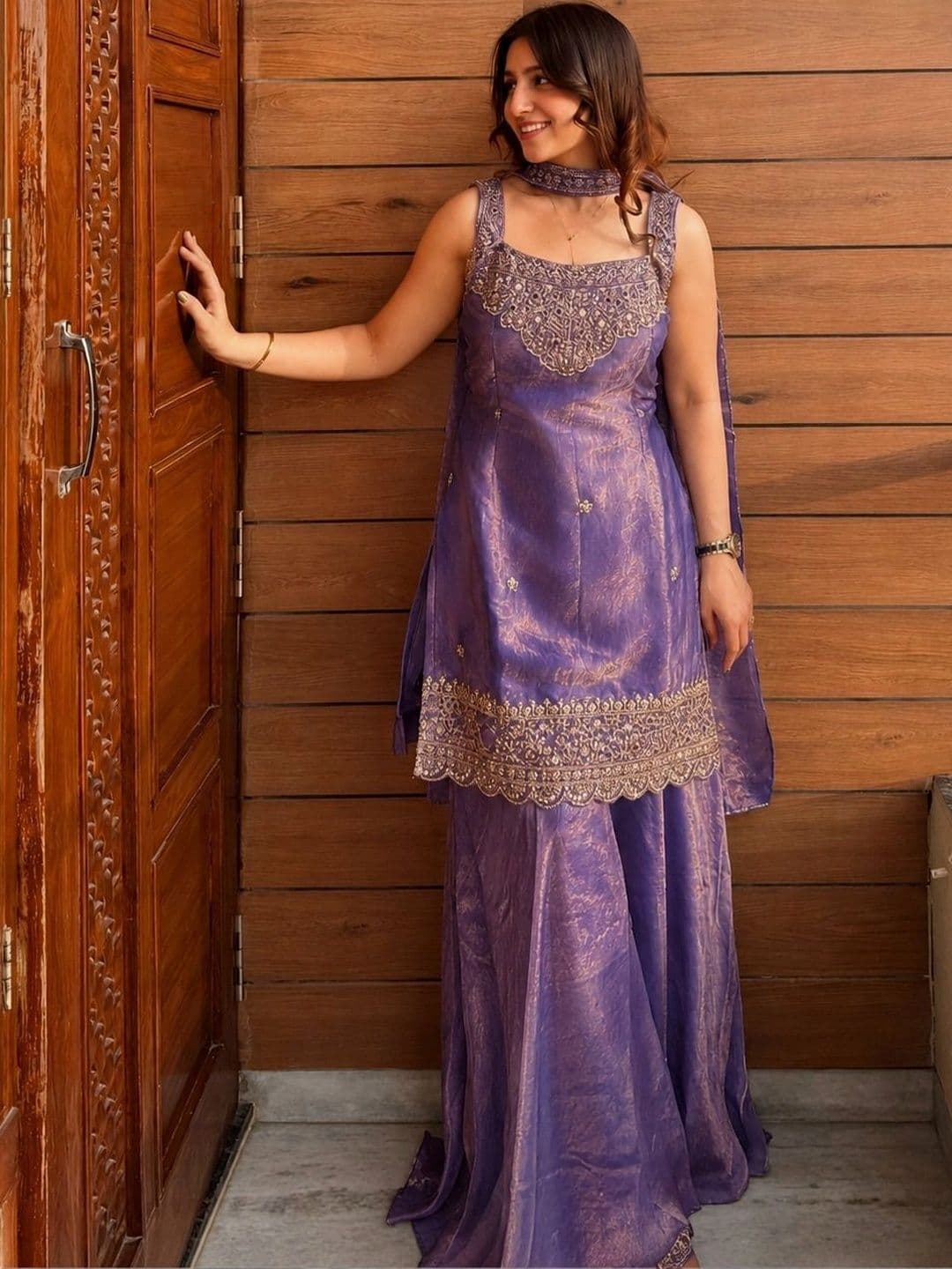HERE&NOW Women Ethnic Motifs Embroidered Regular Kurta with Sharara & With Dupatta thumbnail 6