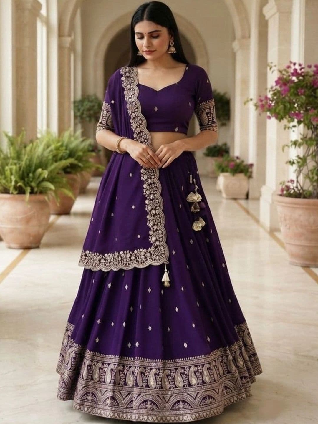 HERE&NOW Women Embroidered Semi-Stitched Lehenga & Blouse With Dupatta - view 1