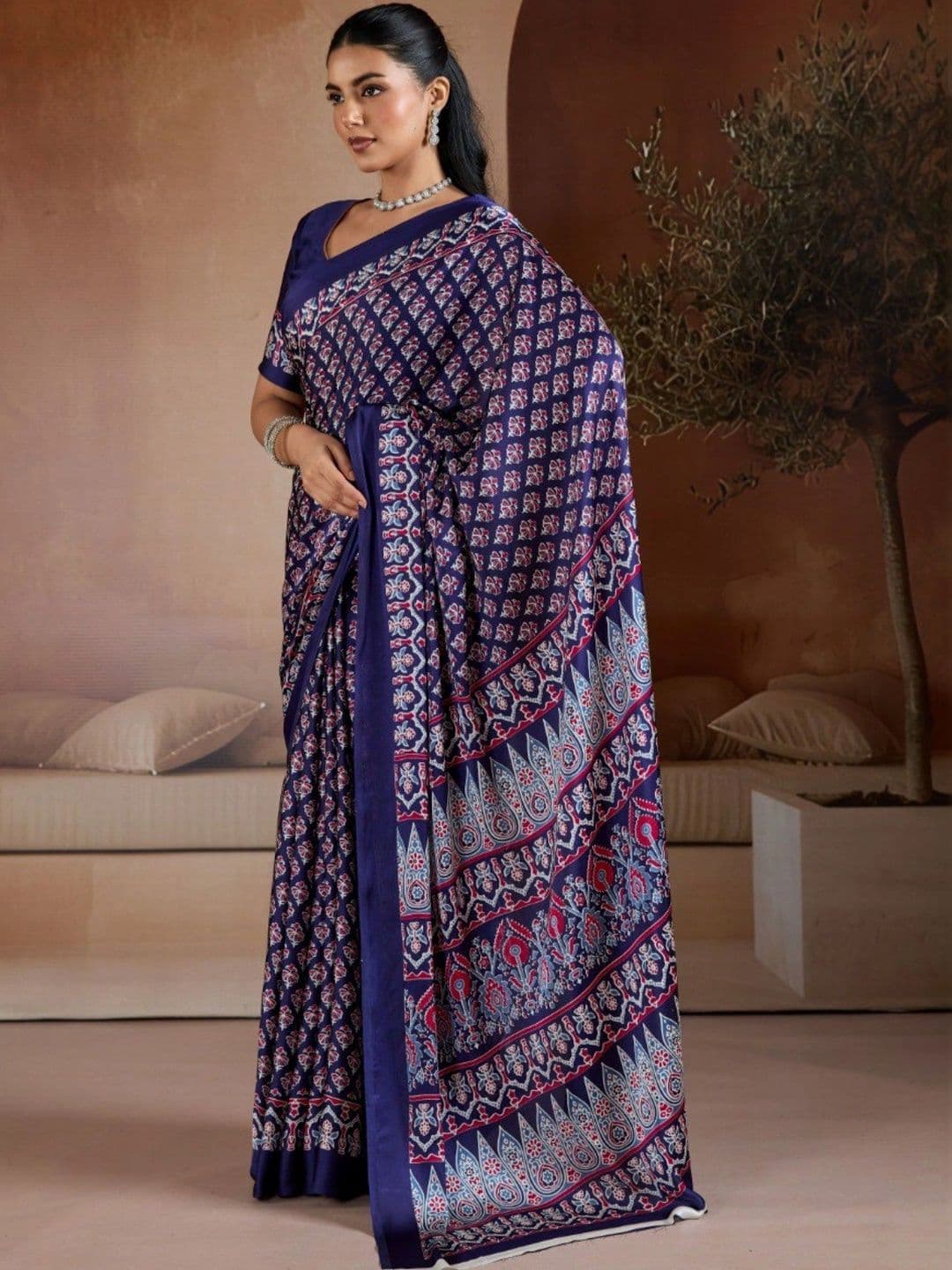 Moda Rapido Ajrak Block Satin Designer Saree thumbnail 5