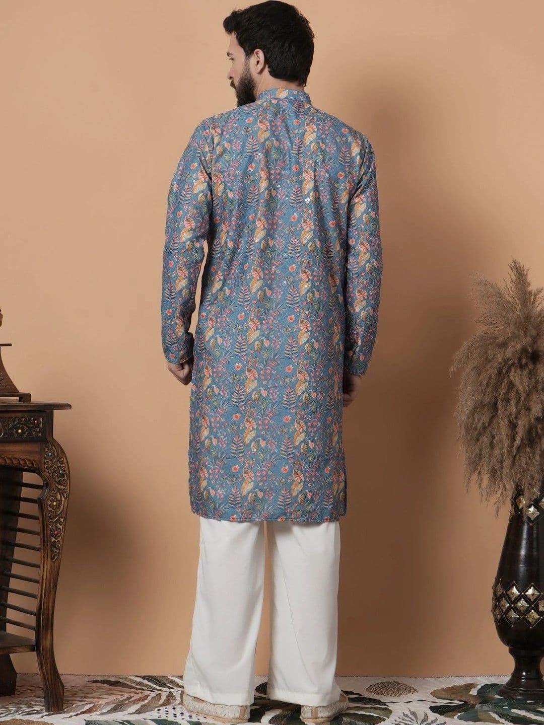 SHROBH Men Floral Printed Sequinned Floral Kurta thumbnail 2