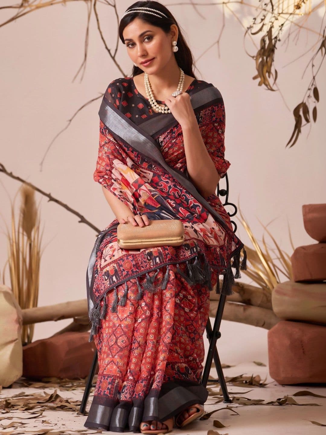 Moda Rapido Kalamkari Zari Linen Blend Designer Patola Saree thumbnail 6