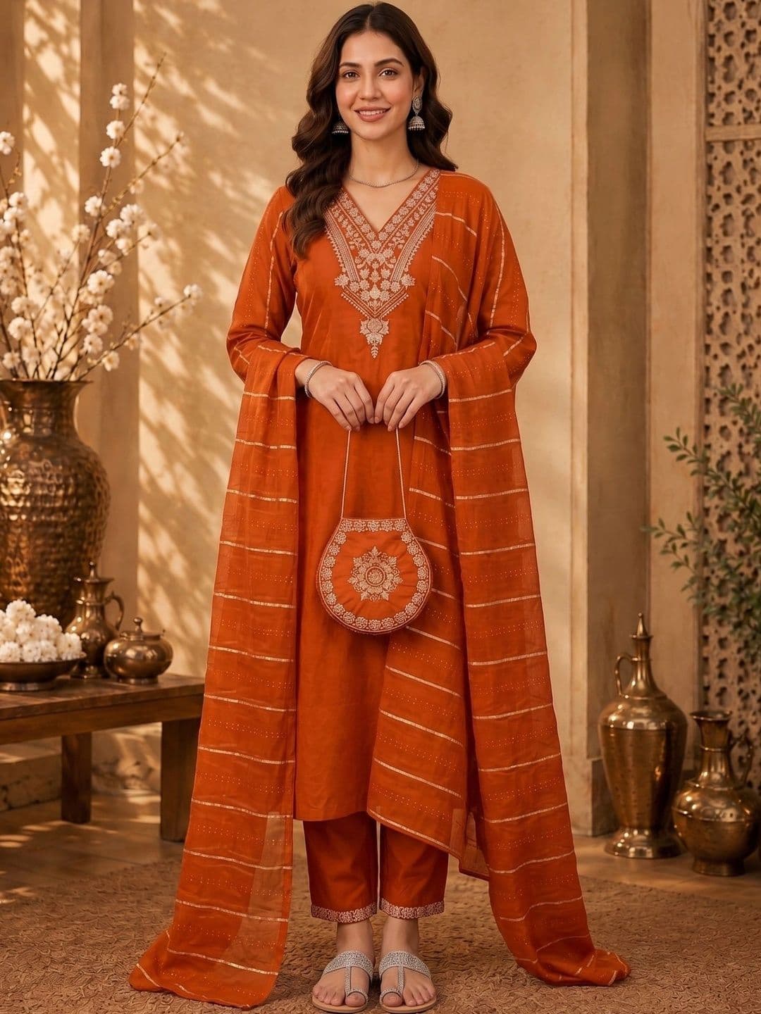 J MOGAL Women Ethnic Motifs Embroidered Kurta with Trousers & With Dupatta - view 1