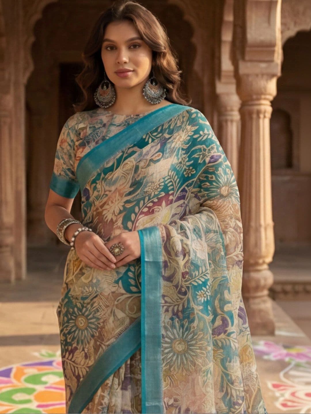 Anouk Rustic Floral Zari Pure Linen Designer Khadi Saree thumbnail 3
