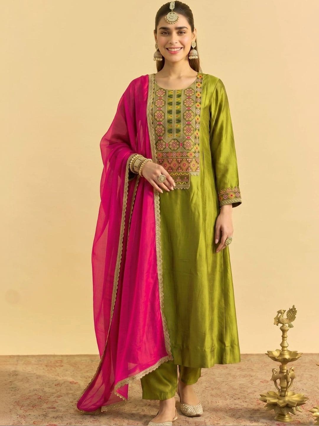 HERE&NOW Women Ethnic Motifs Embroidered Regular Thread Work Pure Silk Kurta with Trousers & With Dupatta - view 1