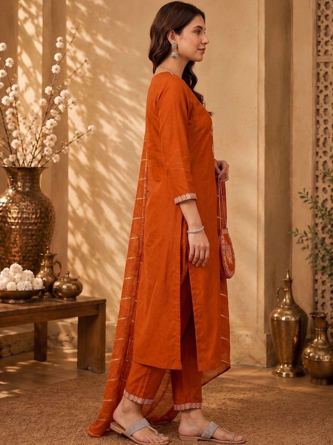 J MOGAL Women Ethnic Motifs Embroidered Kurta with Trousers & With Dupatta thumbnail 6