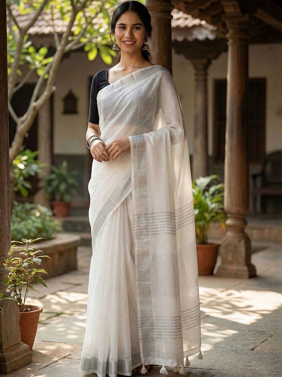 Mitera Striped Linen Blend Saree - view 1