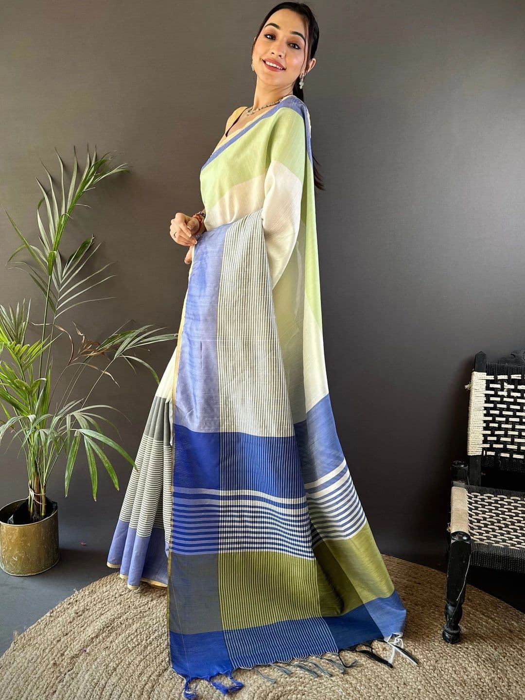 Moda Rapido Striped Zari Silk Cotton Designer Khadi Saree thumbnail 3