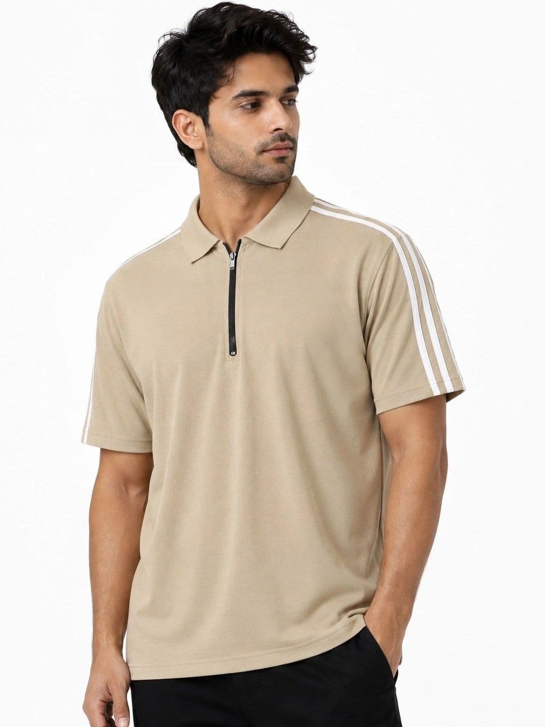 MaverIQ Beige Striped Polo Collar Regular Fit T-shirt thumbnail 2