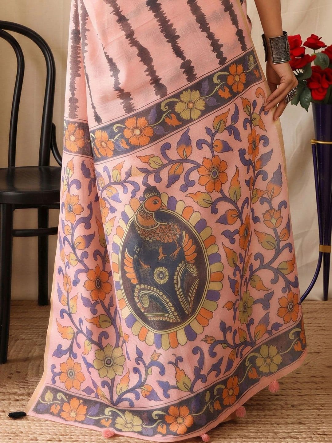 Sangria Striped Designer Block Print Saree thumbnail 6