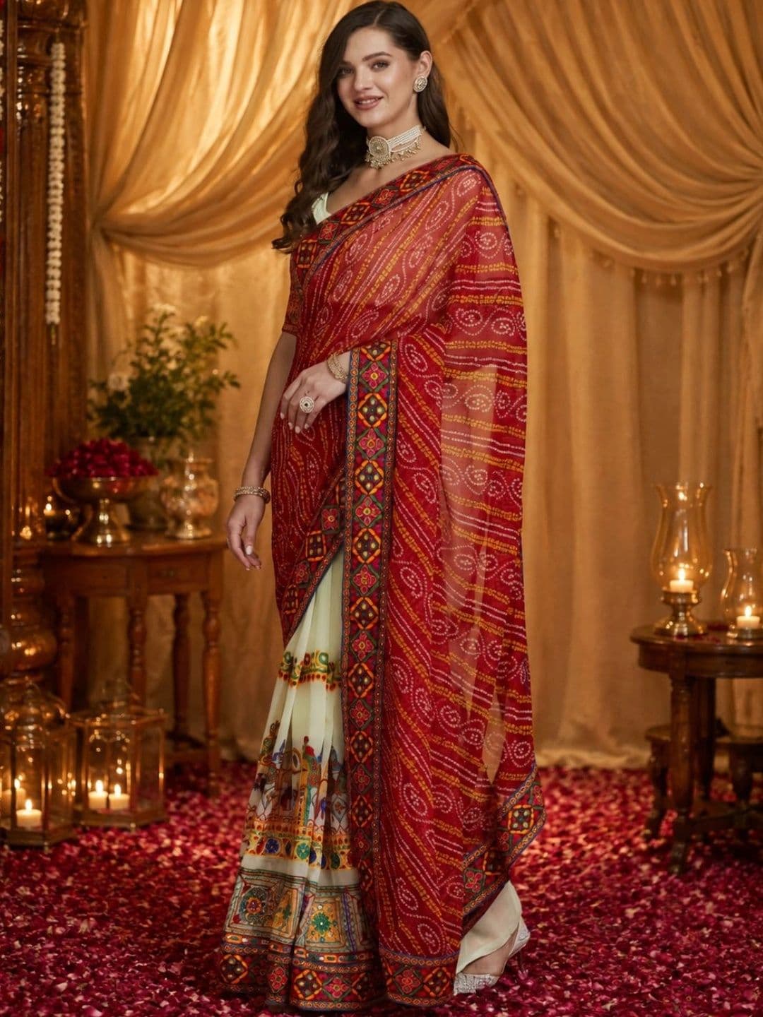 Mitera Bandhani Embroidered Poly Georgette Half and Half Bandhani Saree thumbnail 6