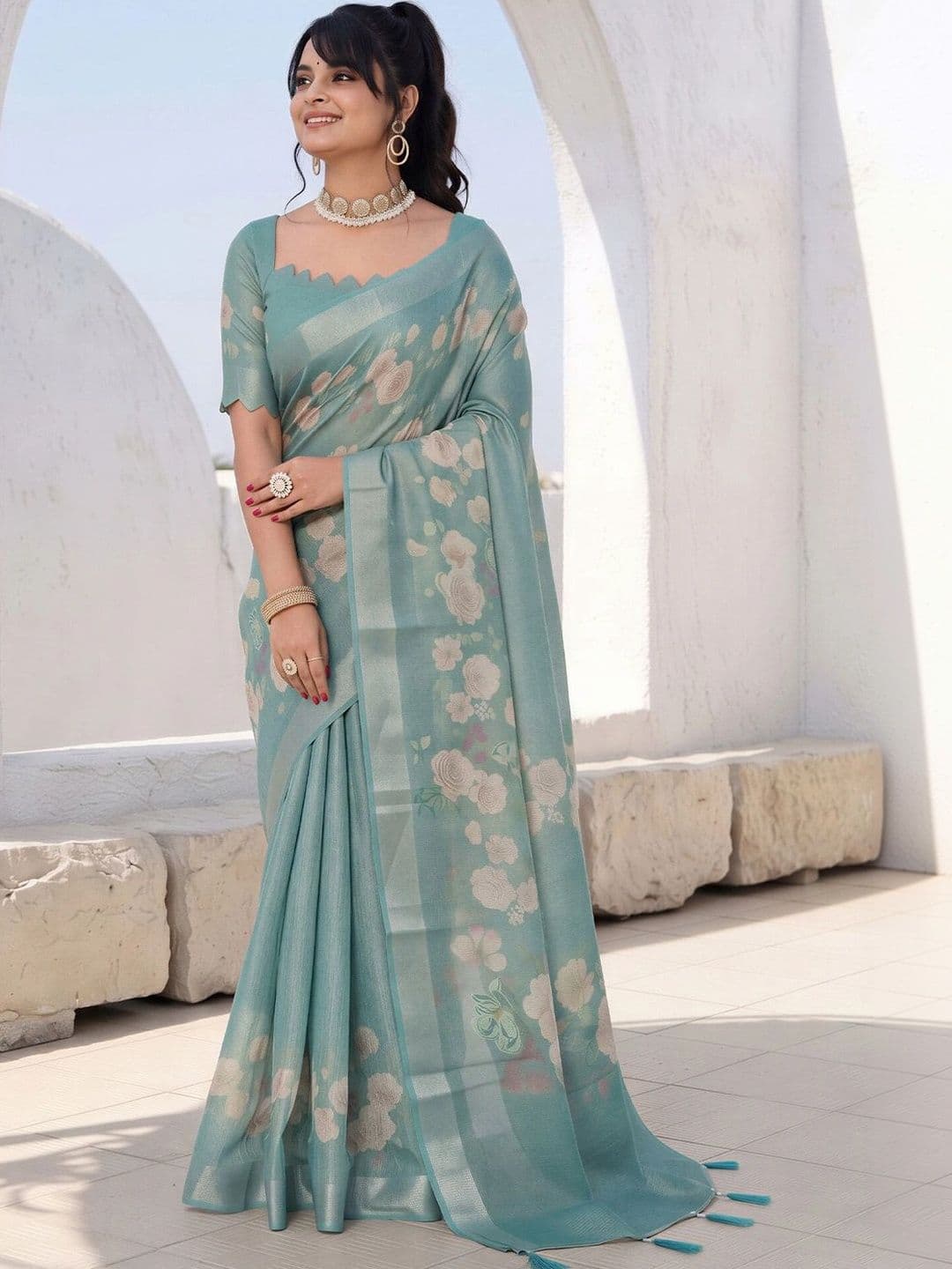 Anouk Floral Silk Cotton Designer Saree - view 1