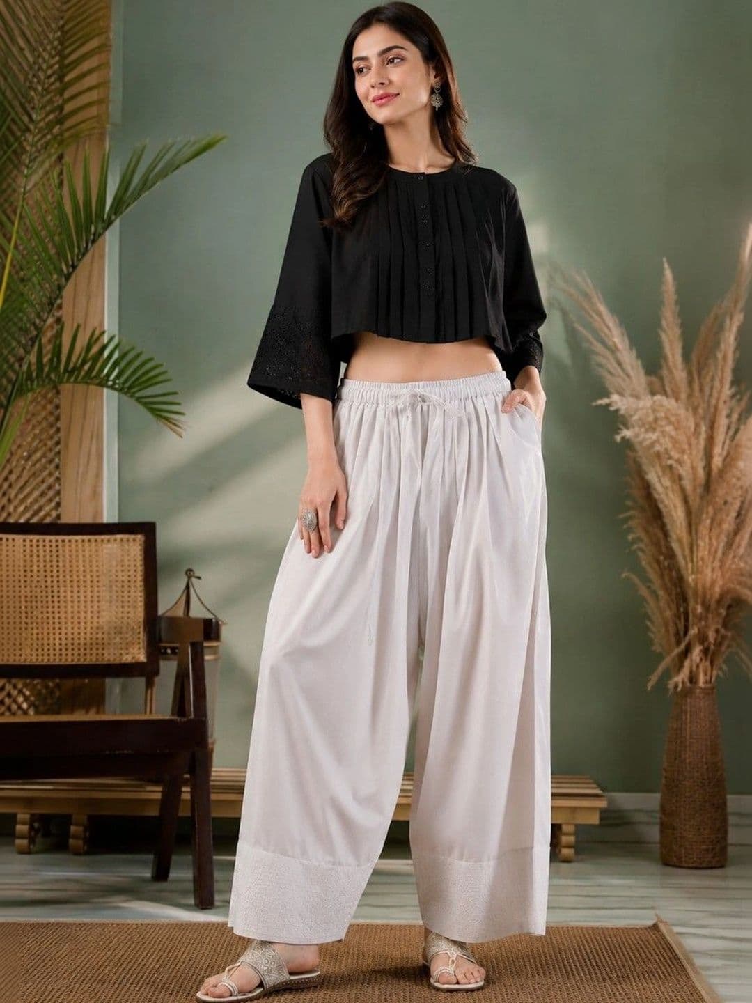Anouk Mirage Women Pleated Chikankari Pure Cotton Top with Palazzos thumbnail 4