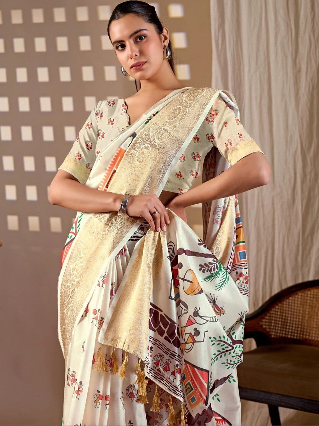 Moda Rapido Warli Zari Silk Blend Designer Saree thumbnail 5