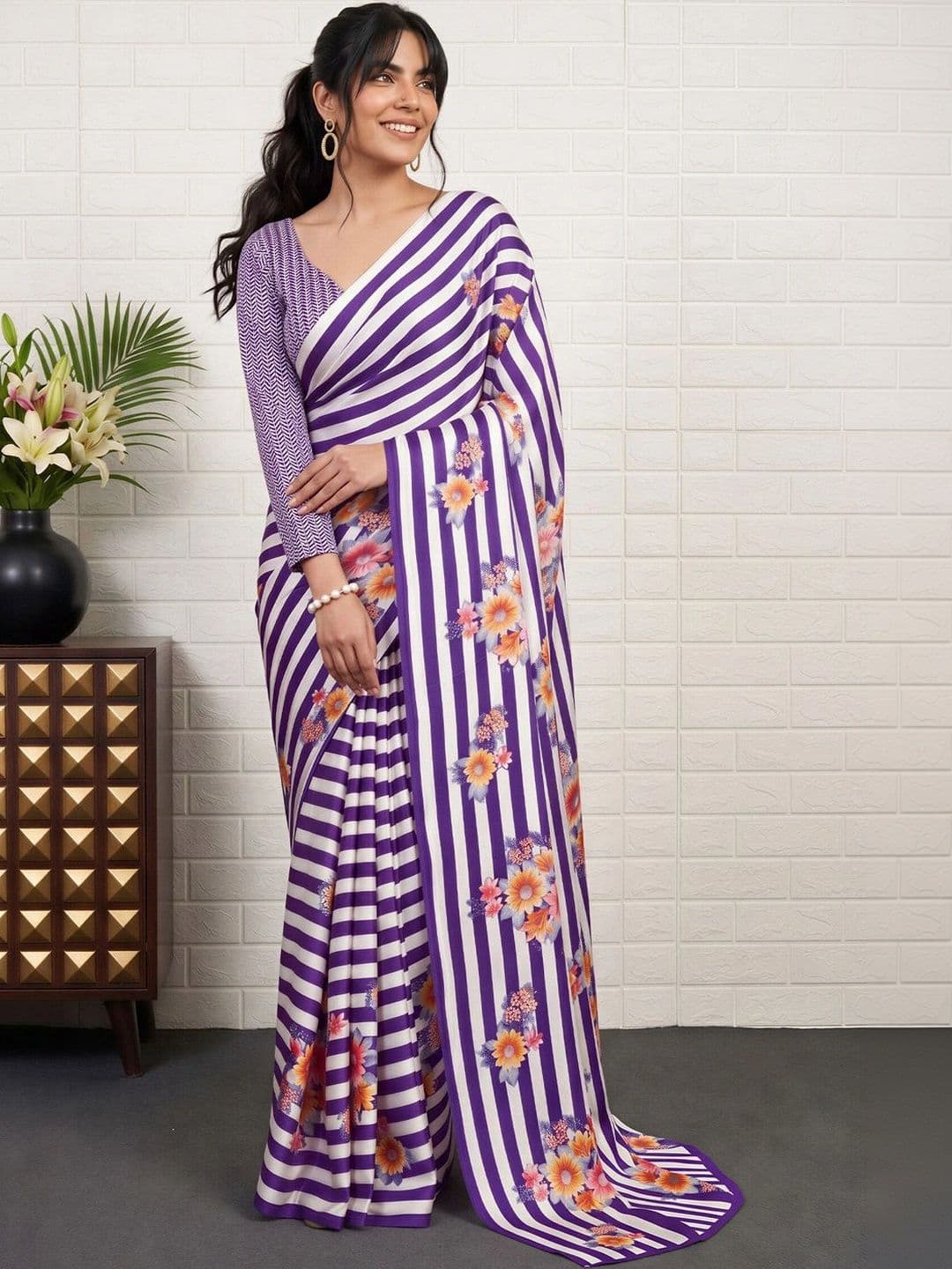 Anouk Floral Satin Designer Leheriya Saree thumbnail 4