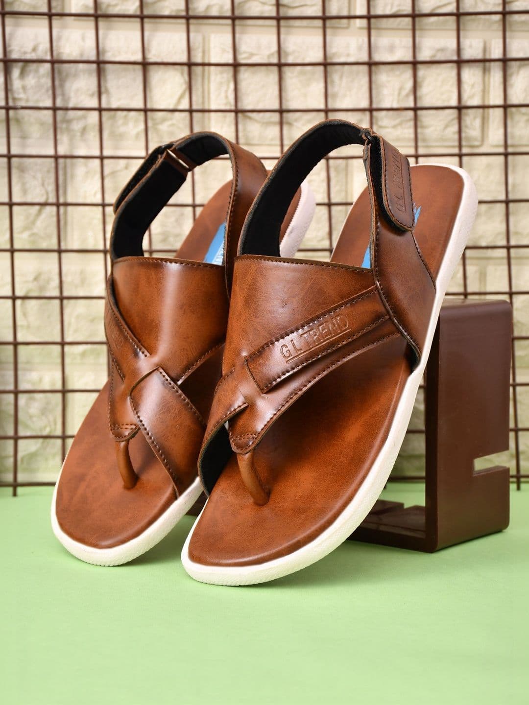 G L Trend Men Leather Comfort Casual Velcro Tan Sandals - view 1
