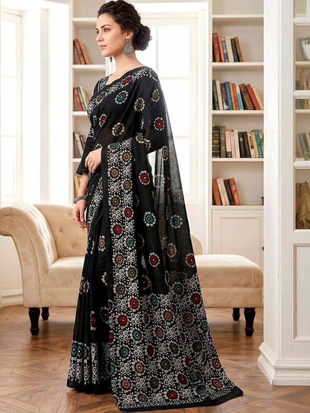 VS MALL Women Batik Pure Cotton Block Print Saree thumbnail 3