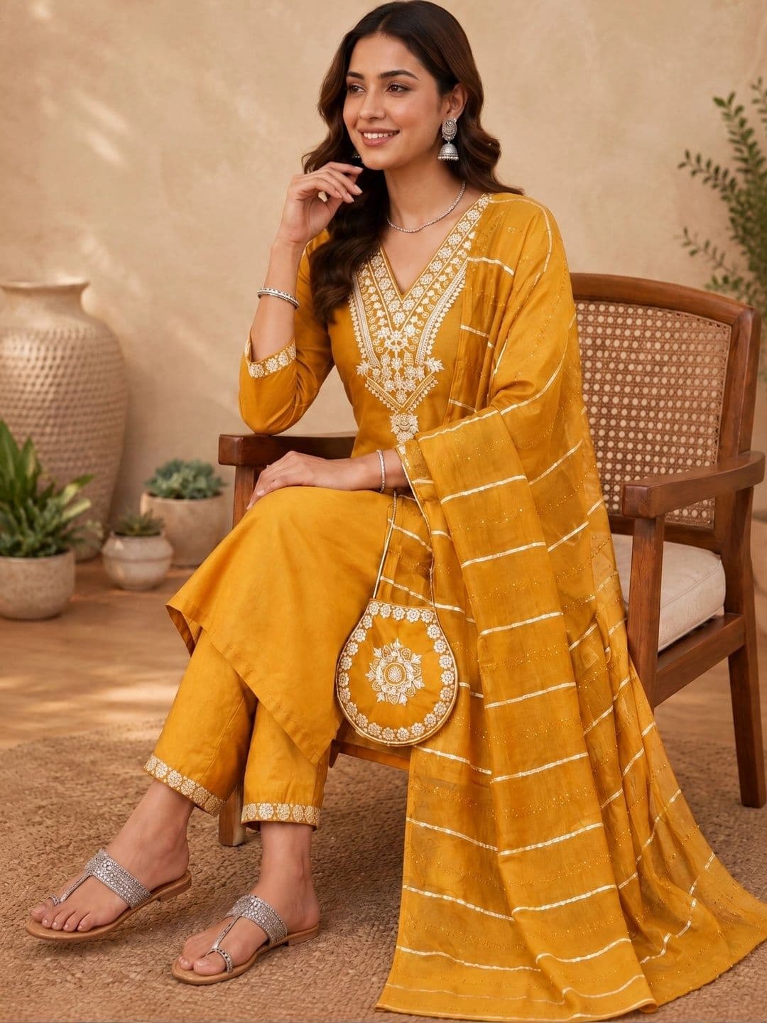 J MOGAL Women Ethnic Motifs Embroidered Regular Kurta with Trousers & With Dupatta thumbnail 2