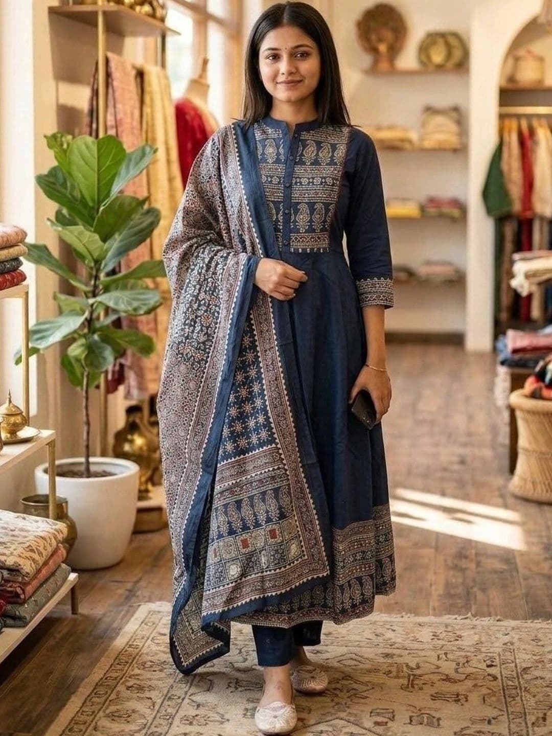 VASTRAPEDIA Women Ethnic Motifs Printed Regular Pure Cotton Kurta with Trousers & With Dupatta - view 1