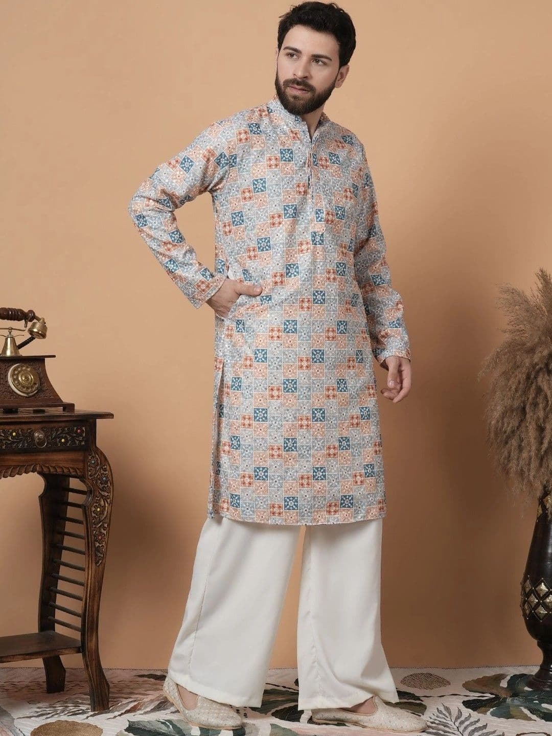 SHROBH Men Geometric Printed Khadi Kurta thumbnail 3