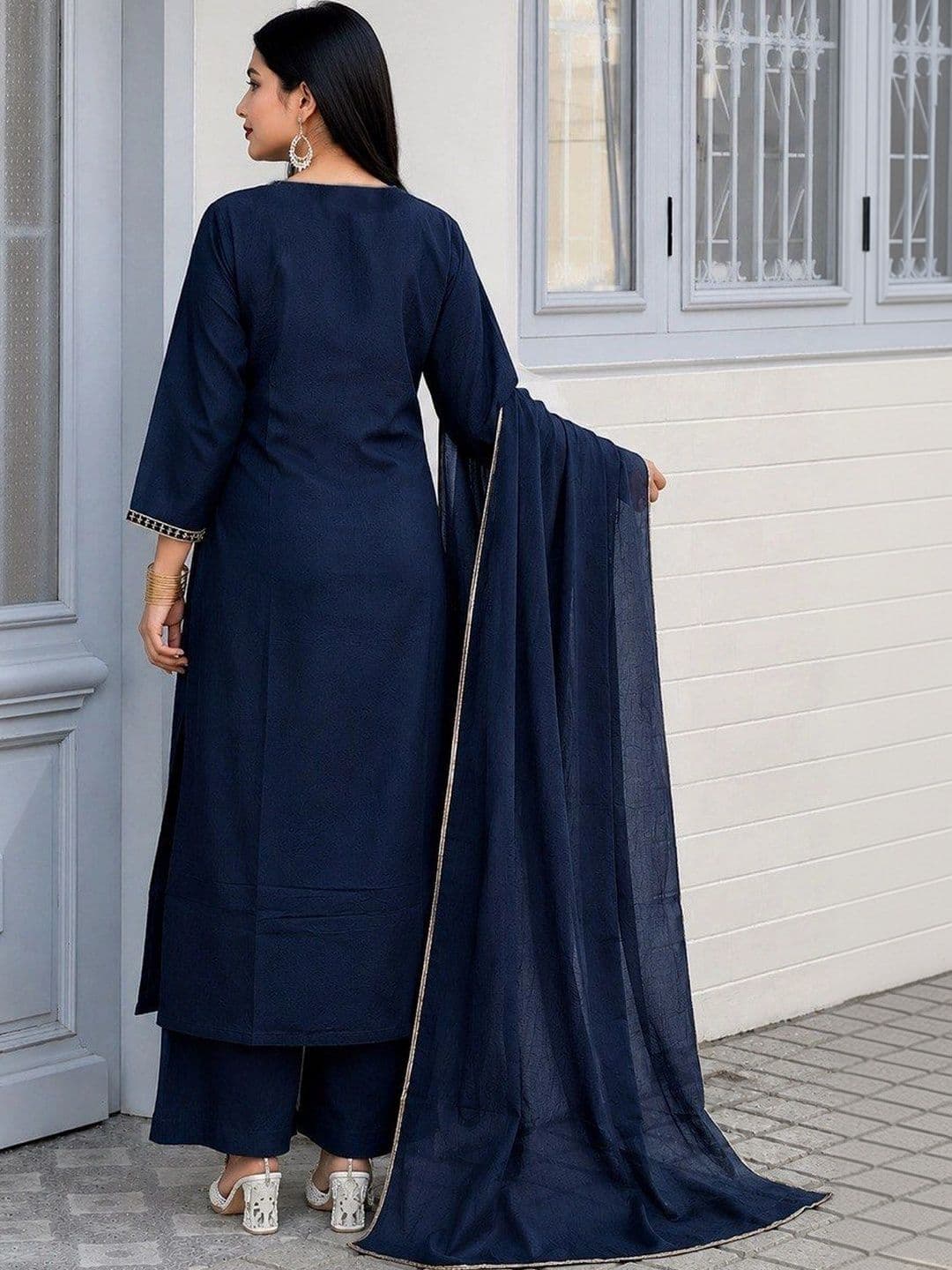 KALINI Women Ethnic Motifs Embroidered Regular Thread Work Silk Chiffon Kurta with Trousers & With Dupatta thumbnail 2