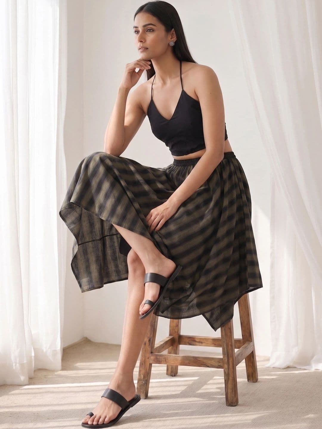 Hive91 Women Pure Cotton Checked Midi Flared Skirt thumbnail 2