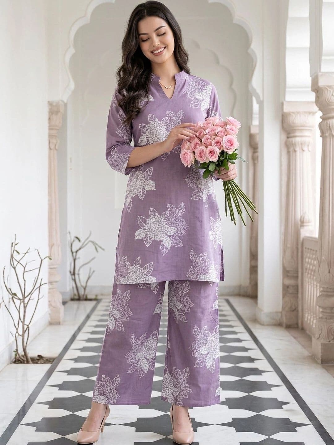 KALINI Women Floral Printed Regular Pure Cotton Kurta with Trousers thumbnail 2